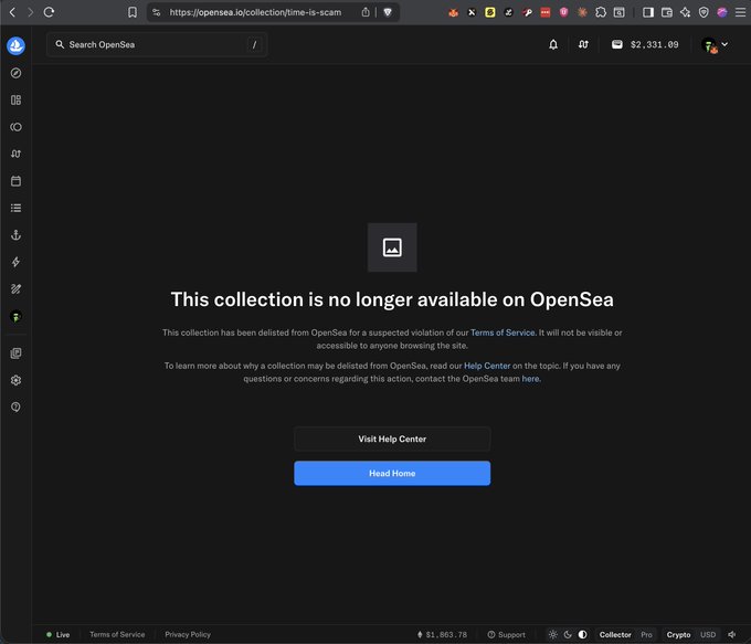 An OpenSea webpage displays the message 'This collection is no longer available on OpenSea' with an explanation that the collection was delisted for violating Terms of Service, located at opensea.io/collection/time-is-scam.