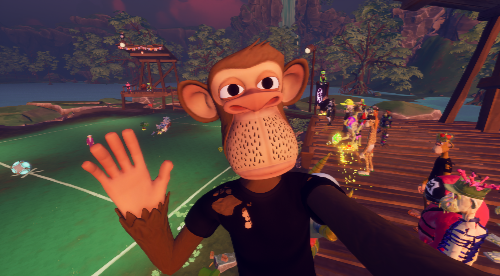 The image features a man wearing a black shirt, standing next to a green field. He has his hand raised in a wave or handshake, as if he's greeting someone. The background of the image shows a tennis court with several people playing on it. There are also multiple bottles scattered around the scene. The post that accompanies this image reads: "In the @OthersideMeta playing in the @OtherBallz tournament with acdupes @dinopawnz and friends".