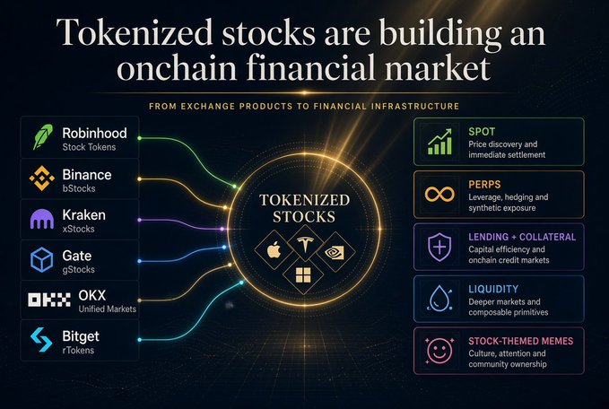 An infographic titled 'Tokenized stocks are building an onchain financial market,' showing various crypto exchanges (Robinhood, Binance, Kraken, Gate, OKX, Bitget) offering tokenized stock products like xStocks and bStocks, feeding into use cases like SPOT, PERPS, LENDING, LIQUIDITY, and STOCK-THEMED MEMES.
