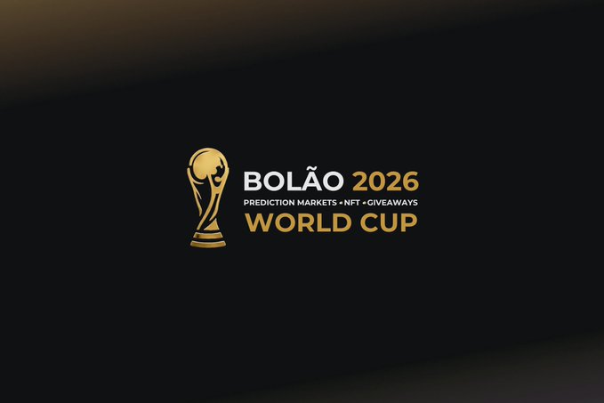 A sleek black background showcases a golden trophy logo with text reading "BOLÃO 2026," "PREDICTION MARKETS • NFT • GIVEAWAYS," and "WORLD CUP," promoting the winners of the Bolao2026 content campaign celebrating outstanding participants.