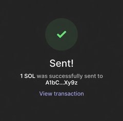 A dark interface screen showing a green checkmark with the text 'Sent! 1 SOL was successfully sent to A1bC...Xy9z' and a 'View transaction' button.