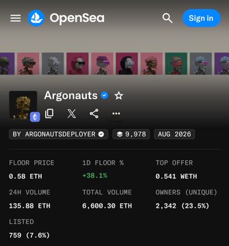 A mobile screenshot of the OpenSea NFT marketplace showing the 'Argonauts' collection by ARGONAUTSDEPLOYER, with a floor price of 0.58 ETH and 24h volume of 135.88 ETH.