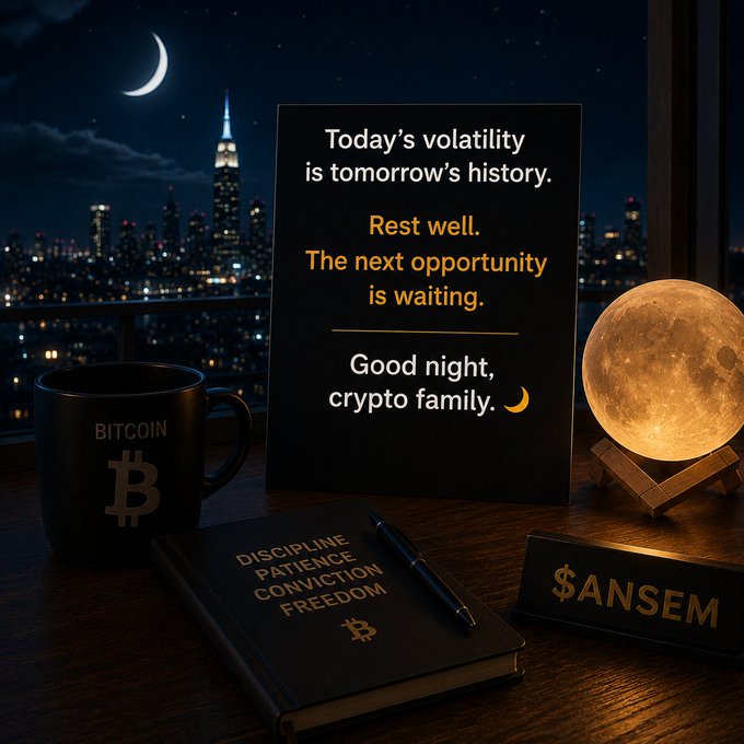 A moody nighttime desk scene with a New York City skyline view, featuring a Bitcoin mug, a notebook with 'DISCIPLINE PATIENCE CONVICTION FREEDOM', a moon lamp, and a sign reading 'Today's volatility is tomorrow's history. Rest well. The next opportunity is waiting. Good night, crypto family.' with an '$ANSEM' nameplate.