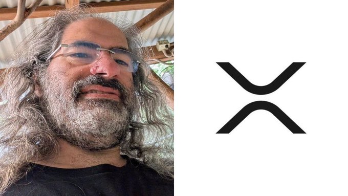 A man with long gray hair and beard wearing glasses is pictured next to the XRP logo, relating to the post about XRP's founder suggesting the cryptocurrency was designed to reach $10,000 per token.