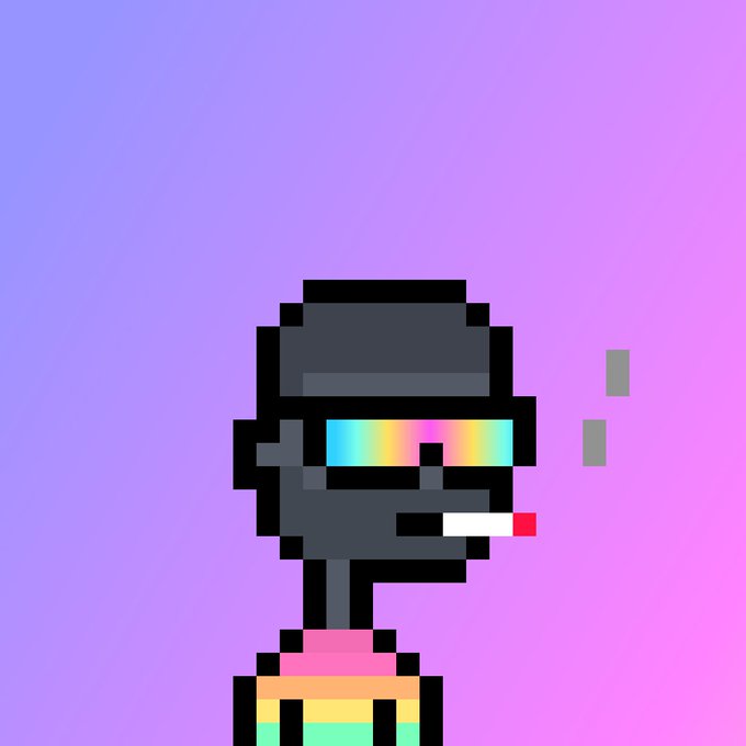 Pixel art NFT-style character with rainbow sunglasses, a cigarette, and a rainbow-striped shirt on a purple gradient background.