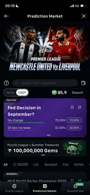 A screenshot of a Prediction Market app displaying a 'Newcastle United vs Liverpool' matchup graphic and a politics prediction market on the 'Fed Decision in September'.
