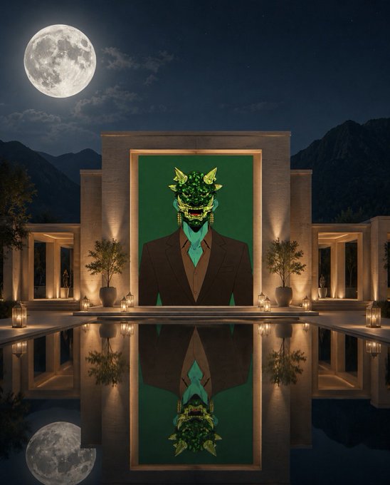 A surreal nighttime scene features a green-masked figure in a suit displayed on a billboard beside a reflecting pool, under a large full moon. The image evokes the mysterious, artistic allure of NFT culture, visually reinforcing the post's question about continued bullishness on digital art collectibles.