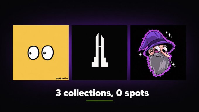 Three square images are displayed side by side on a dark background: a yellow square with two cartoon eyes, a black square with a white rocket/spaceship icon, and a cartoon wizard with a purple hat and gray beard. Below them, text reads '3 collections, 0 spots'.