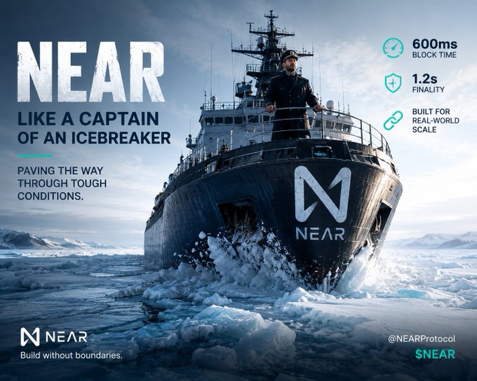 A promotional graphic for the NEAR blockchain featuring a man in a captain's uniform standing on the bow of an icebreaker ship cutting through icy waters, with text 'NEAR LIKE A CAPTAIN OF AN ICEBREAKER', '600ms BLOCK TIME', '1.2s FINALITY', 'BUILT FOR REAL-WORLD SCALE', and 'Build without boundaries.'
