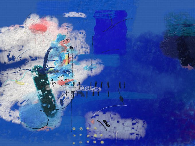 An abstract expressionist painting dominated by bold blue and white brushstrokes with accents of red, black, and yellow, creating a chaotic and layered composition.