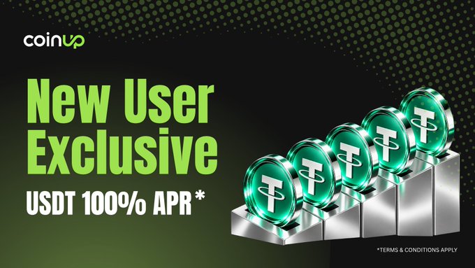 A promotional banner for 'coinUp' advertising 'New User Exclusive USDT 100% APR*' featuring green Tether (USDT) coins arranged on pedestals.