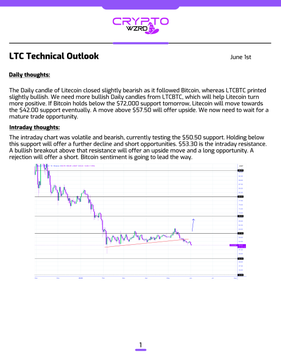 The image shows a document titled "LTC Daily Technical Outlook" with a list of thoughts about the price action. The main ideas are that the price has closed below $50.50, which could be seen as a negative sign for the upward trend in the chart. However, there is still an opportunity to capitalize on this situation by waiting for more bullish moves beyond the current level before entering a trade. In summary, the document emphasizes the importance of timing and strategic decision-making based on price trends.