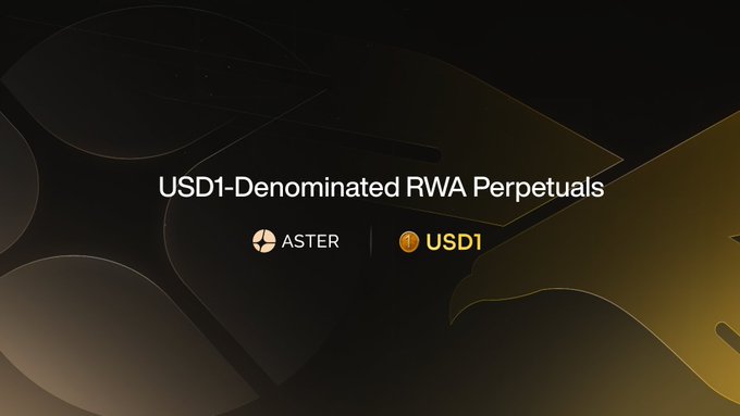 A sleek black-and-gold promotional banner announces "USD1-Denominated RWA Perpetuals" featuring the Aster and USD1 logos, highlighting the launch of TradFi perpetual contracts (including tickers like SPCX, CL, XAU, SNDK, and SKHYNIX) that settle exclusively in USD1 on Aster DEX.