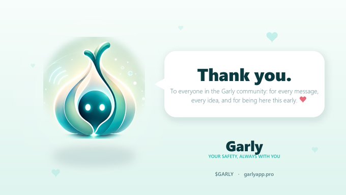 A pastel graphic featuring a teardrop-shaped Garly mascot next to a "Thank you" speech bubble addressed to the Garly community, with the tagline "Your safety, always with you" and handles "@GARLY" and "garlyapp.pro." The image reinforces the post's pitch of $GARLY as an early-stage privacy-first AI safety companion, contrasting its modest $150k market cap with Life360's $4.3B valuation in the same personal safety category.