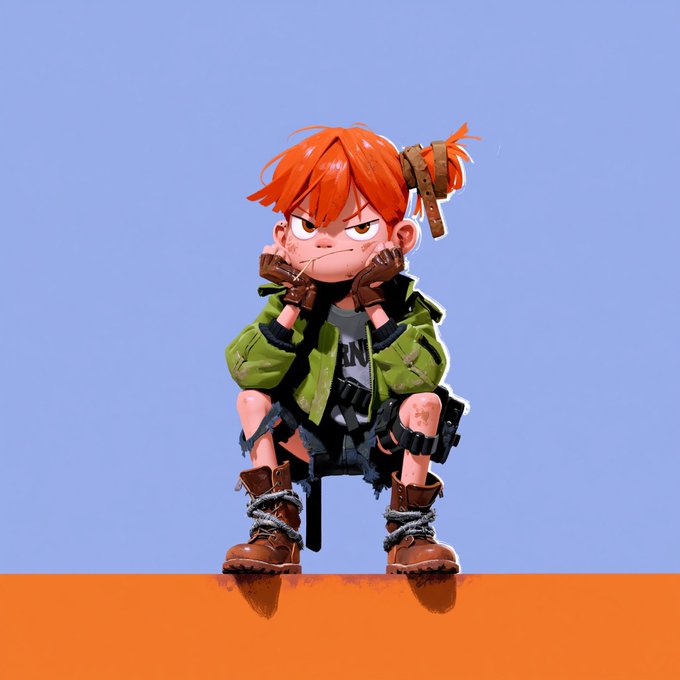 A grumpy, red-haired cartoon character in a green jacket and gloves sits hunched over on a stool, biting their finger with an irritated expression, against a minimalist blue and orange background. The image embodies the casual, somewhat reluctant "gm" (good morning) sentiment often shared in crypto communities, capturing that sleepy, "I guess it's morning again" vibe.