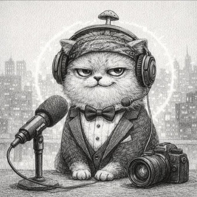 A detailed pencil-style illustration depicts a grumpy cat dressed in a suit with a bow tie and headphones, sitting before a microphone with a camera beside it against a cityscape backdrop.