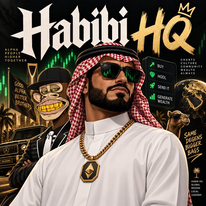 A promotional graphic for "Habibi HQ" features a man in traditional Arab attire wearing sunglasses and a gold Ethereum chain, alongside a cartoon monkey character, with text including "Good Alpha Better Brothers," "Same Degens Bigger Bags," and a menu showing "BUY, HODL, SEND IT, GENERATE WEALTH." The image ties to the post by visually representing the Web3 community-building theme, with the Discord link and "Habibi HQ Global Degens Local Legends" branding emphasizing the collaborative "operators" network being promoted.