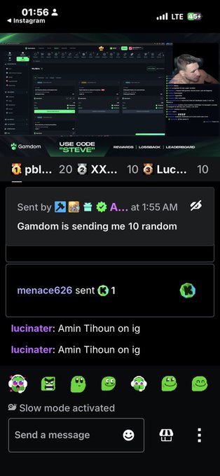 A mobile phone screenshot shows an Instagram live stream featuring a Gamdom betting interface, with chat messages noting "Gamdom is sending me 10 random" and user names "pbl...", "XX...", "Luc...".