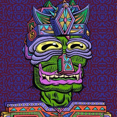 Colorful illustration of a green tiki-style mask with purple hair and an ornate patterned headdress against a blue background.