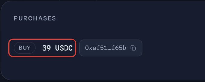 A dark interface panel labeled 'PURCHASES' shows a 'BUY 39 USDC' button next to the truncated address '0xaf51...f65b'.