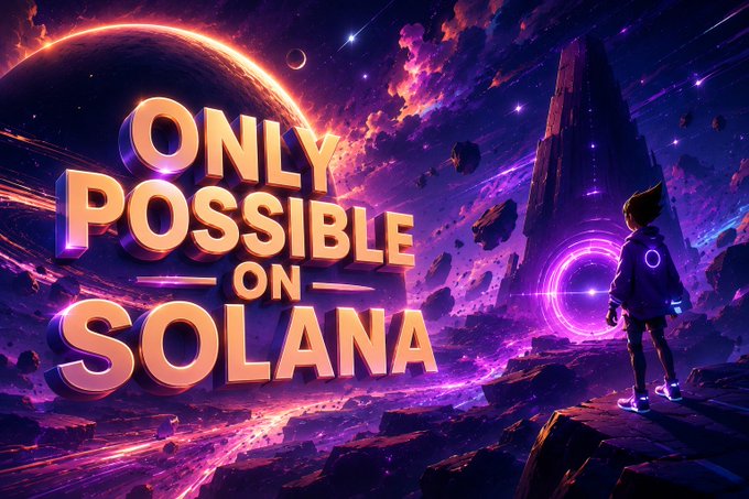 A vibrant digital artwork displays the text 'ONLY POSSIBLE ON SOLANA' in glowing 3D letters against a cosmic background, with a silhouetted figure standing on a rocky outcrop near a futuristic monolith.