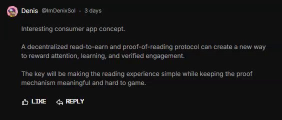 The image shows a screenshot of an online post or conversation about a proof-of-reading app called "Inventus" that was developed by Denis (possibly named Dennis) Sol. The post suggests a key will be made for creating the reading experience simple while keeping the proof of reading process. It also encourages users to reply with a thumbs up, indicating their appreciation and engagement with the Proof of Reading Protocol.