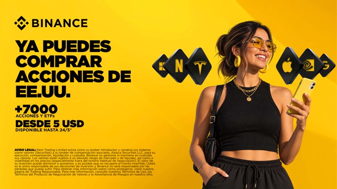 A Binance advertisement on a bright yellow background features a smiling woman with glasses holding a smartphone, alongside the bold headline "YA PUEDES COMPRAR ACCIONES DE EE.UU." promoting access to +7,000 stocks and ETFs from just $5 USD available 24/7. The image visually reinforces the post's message about bringing Wall Street closer through Binance's accessible trading platform.