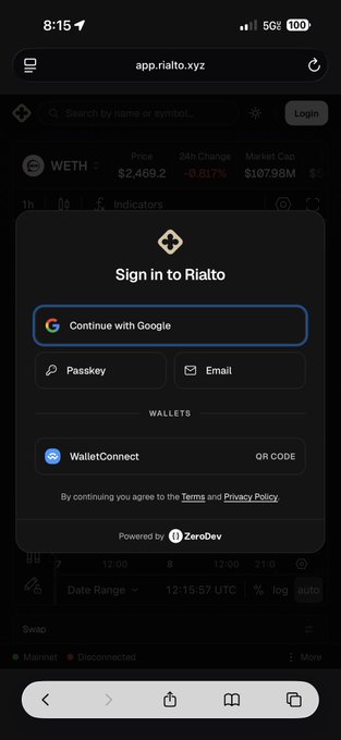A mobile screenshot of the website app.rialto.xyz displaying a "Sign in to Rialto" modal with options for "Continue with Google", "Passkey", "Email", and "WalletConnect", powered by ZeroDev, with a background showing WETH price at $2,469.2.
