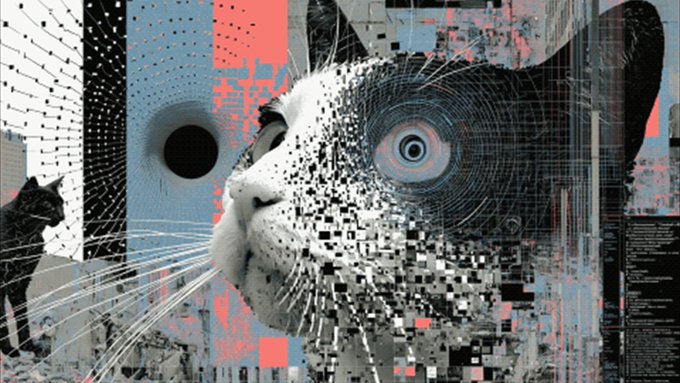 A stylized digital artwork featuring a fragmented, pixelated cat face with a prominent glowing eye, overlaid against abstract blue, red, and black graphic elements.