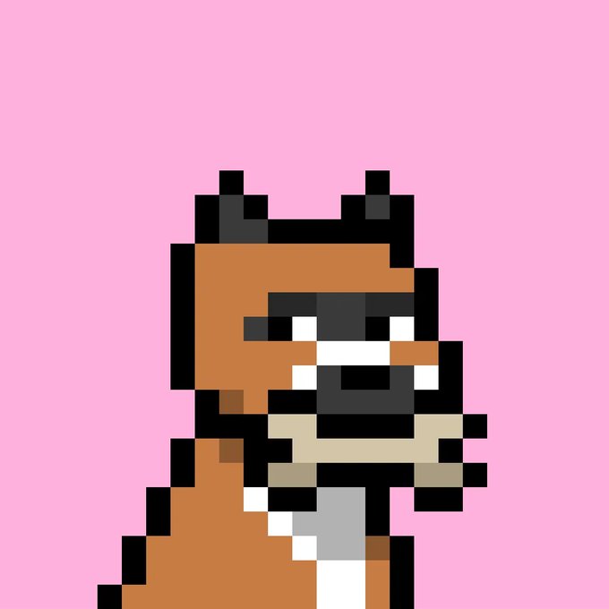 A pixel art character resembling a dog or cat wearing goggles and a tan coat against a pink background.