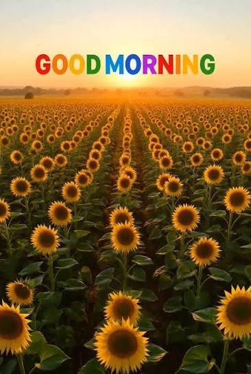 A vibrant sunrise over a field of sunflowers with colorful "GOOD MORNING" text displayed at the top of the image.
