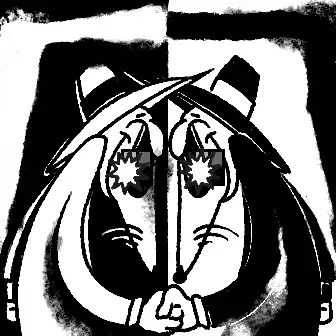 A black and white stylized illustration of a face with large expressive eyes, a bow on its head, and paws held up near its mouth.