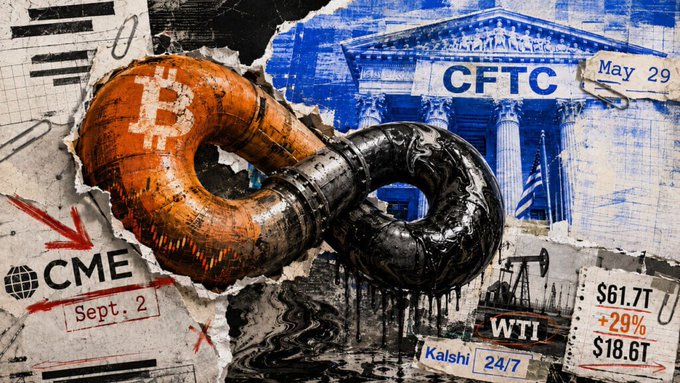 A collage-style illustration depicting cryptocurrency and oil futures markets, featuring a Bitcoin logo shaped like infinity, the CFTC building, CME, Kalshi 24/7, WTI crude oil prices of $61.7T and $18.6T, and dates 'May 29' and 'Sept. 2'.