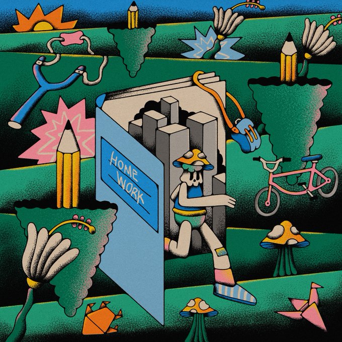 A vibrant, stylized illustration shows a figure emerging from a doorway labeled "HOME WORK" into a surreal landscape filled with pencils, origami cranes, mushrooms, a bicycle, and flowers. The whimsical scene ties into the "share your 1/1" post as a creative visual interpretation of "homework," presenting the concept through playful, singular artistic imagery.