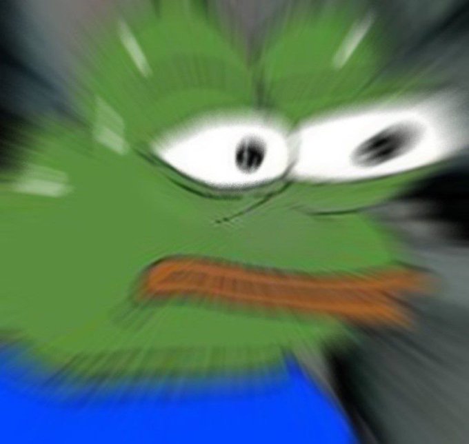 A green cartoon character with an angry expression and wide white eyes is shown with a heavy motion blur effect, as if experiencing a chaotic or overwhelming sensation. This distorted, frenzied look humorously mirrors the post's theme of rapidly shifting crypto trends, suggesting the dizzying pace of evolving crypto "metas."