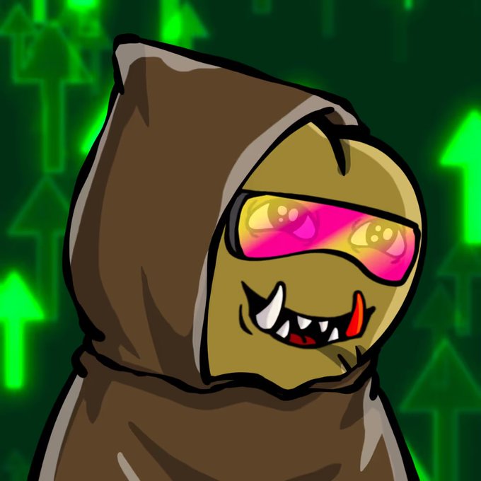 Digital illustration of a hooded character wearing reflective sunglasses, showing a fanged grin against a green background with upward arrow patterns.