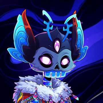 A stylized cartoon character with a blue skull-like face, glowing purple eyes, dark horns, and a feathered collar against a dark blue background.