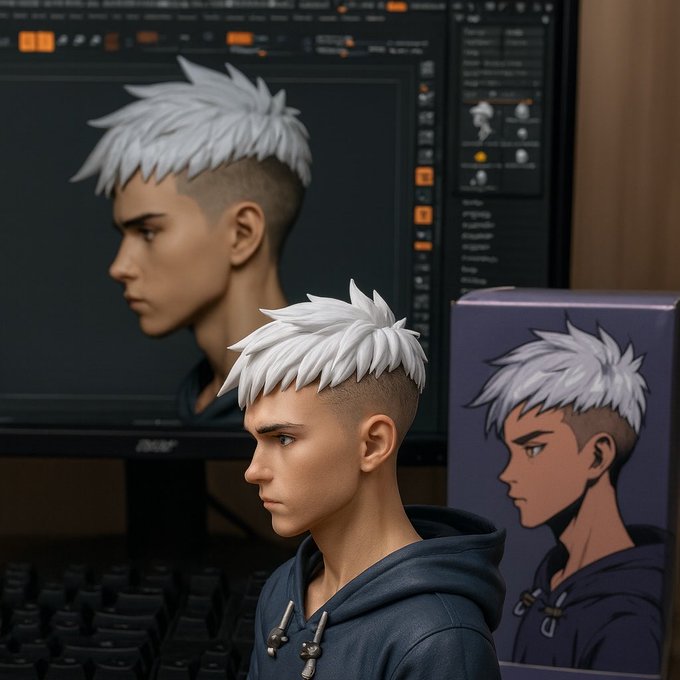 A 3D rendered character bust of a young man with spiky white hair and undercut, displayed next to its box packaging showing an anime-style illustration, with a computer monitor displaying the digital sculpting software behind them.