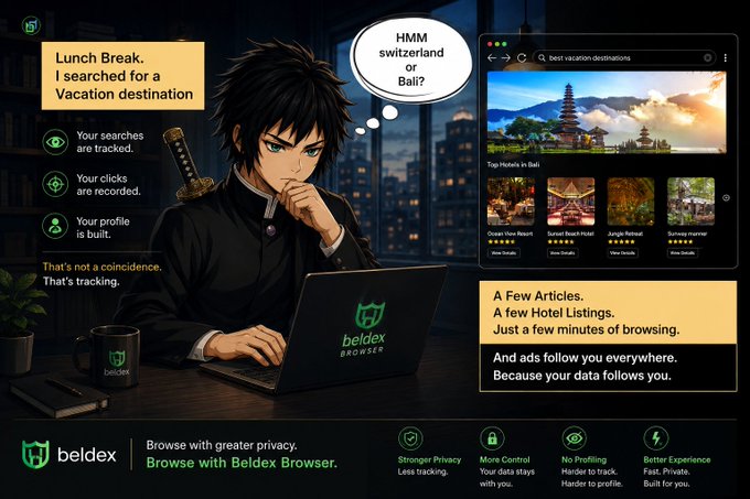 An anime-style promotional image for "Beldex Browser," depicting a character looking at a laptop while a thought bubble reads "HMM switzerland or Bali?", alongside text emphasizing privacy, control, and no profiling.