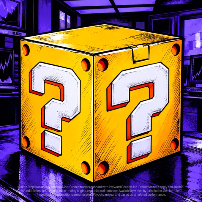 A cartoon-style yellow question mark block (reminiscent of Super Mario) sits in a dark room filled with monitors, matching the post's "surprise waiting" tease for index traders in the Kraken Prop Discord channel (discord.gg/yzS3xcsCG). The disclaimer text at the bottom references Kraken Prop as an instant funded service with Payward Oceanic Ltd., noting that evaluation fees apply, full rules are on the website, and trade styles, positions, and payouts are simulated.