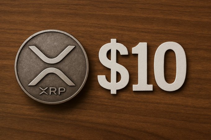 A wooden surface with a physical XRP cryptocurrency coin next to the text "$10" in white letters.