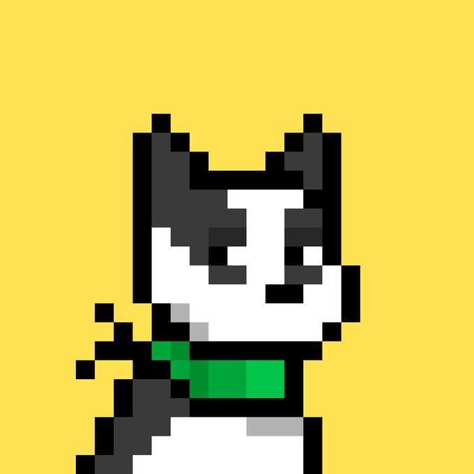 A pixel art character with a black and white face, wearing a green shirt, set against a yellow background.