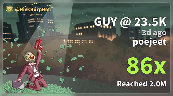 A character celebrates with a money gun beneath a headline reporting a memecoin success: @poejeet gained 86X shortly after launch, reaching a $2.0M market cap after being spotted at just $23.5K. The graphic visually echoes the poster's excitement about using the PumpFun app to catch the early entry on Robinhood-themed token.
