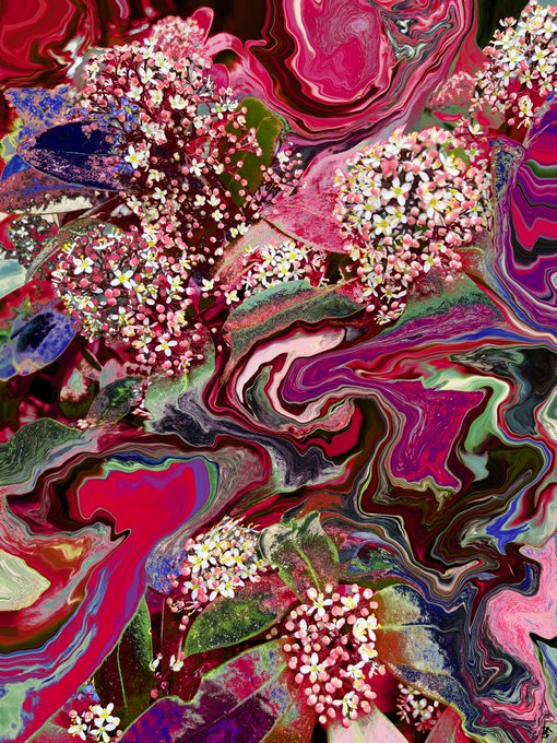 A vibrant abstract floral painting featuring clusters of small pink and white flowers overlaid on swirling patterns of magenta, green, blue, and black.