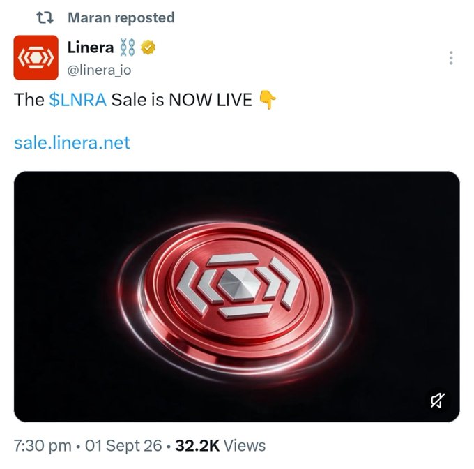 A reposted tweet from Linera (@linera_io) announces "The $LNRA Sale is NOW LIVE 👇" with the link sale.linera.net, featuring a glowing red Linera token logo and 32.2K views from September 1. The image visually supports the post's promotion of the live LNRA community sale and priority allocation portal.