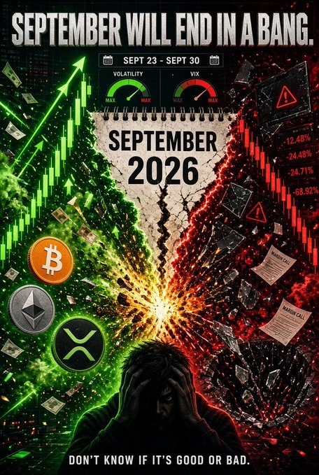 A graphic poster reads 'SEPTEMBER WILL END IN A BANG. SEPT 23 – SEPT 30' with 'SEPTEMBER 2026' displayed in the center, featuring Bitcoin, Ethereum, and XRP logos alongside green and red candlestick charts and percentages like '-12.48%' and '-68.92%', captioned 'DON'T KNOW IF IT'S GOOD OR BAD.'