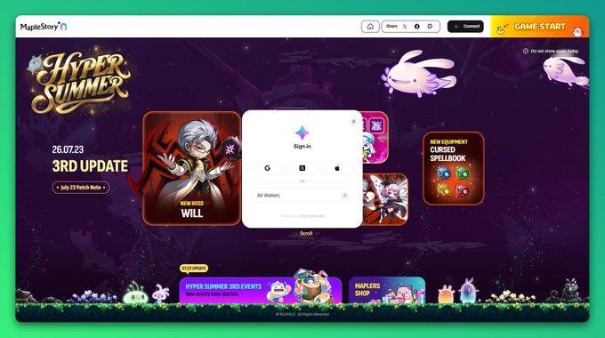 The MapleStory n website homepage featuring a 'Hyper Summer' 3rd update promotion dated 26.07.23, with a sign-in popup overlay.