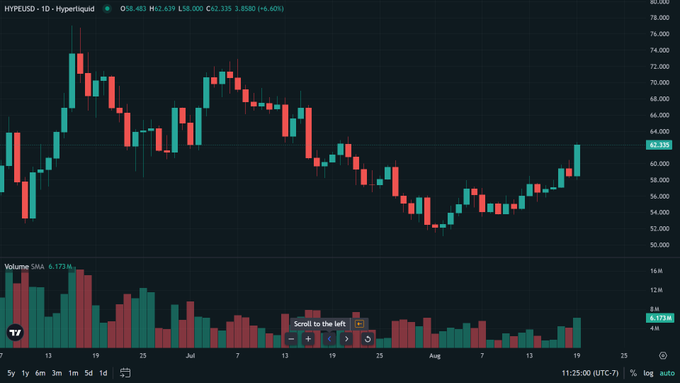 A daily candlestick chart of HYPE/USD (Hyperliquid) showing a 24-hour gain of +6.40%, with the current price at 62.335 and a recent strong recovery rally visible on the right side of the chart.