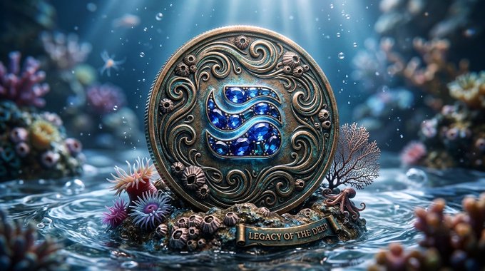 The image features a beautiful underwater scene with a large blue coin at its center surrounded by various sea creatures such as fish and coral. The coin has an intricate design, adding to the overall aesthetic of the scene. The background shows water and colorful corals, creating a vibrant and lively atmosphere. The caption for the image reads: "Building a community that people choose to return to every day is never simple. That's what's becoming clear with @River4fun and @RiverdotInc $RIVER Season 5 is starting to feel more creator-led."