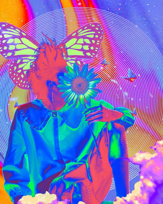 A vibrant psychedelic digital artwork featuring a figure with butterfly wings holding a sunflower, set against a rainbow background with concentric circles and clouds.